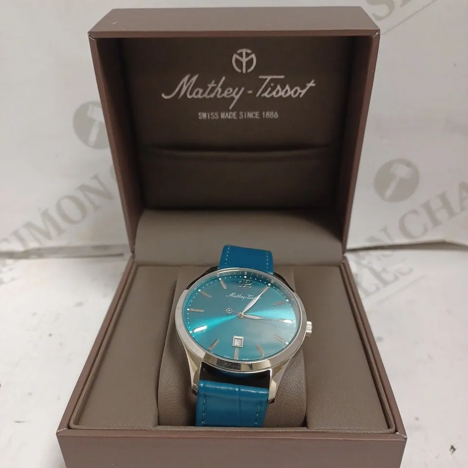 BOXED MATHEY-TISSOT WATCH - SWISS MADE - SAPPHIRE CRYSTAL - LEATHER STRAP - STAINLESS STEEL CASE - WATER RESISTANT 5 ATM.