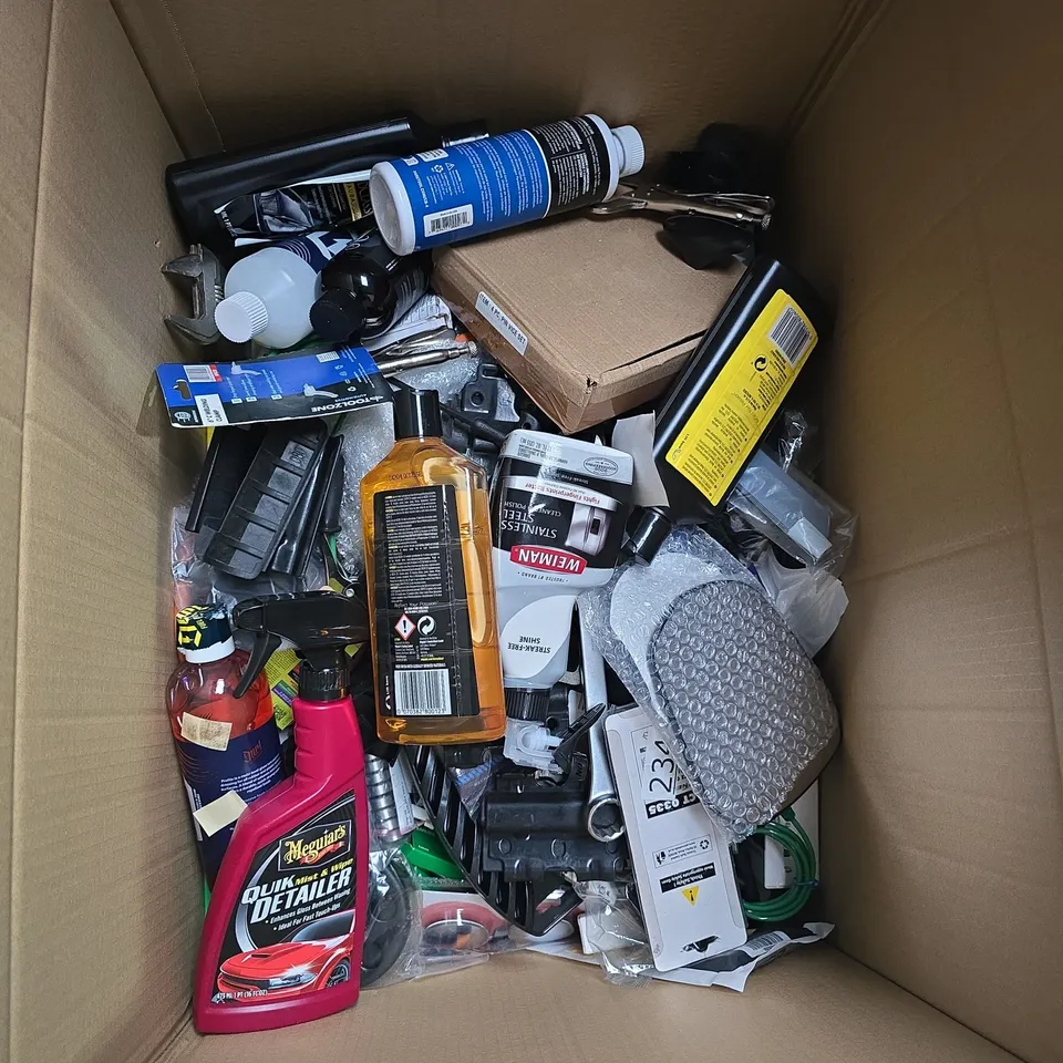 box of assorted car items to include - cleaning items - tools - wheel weights 