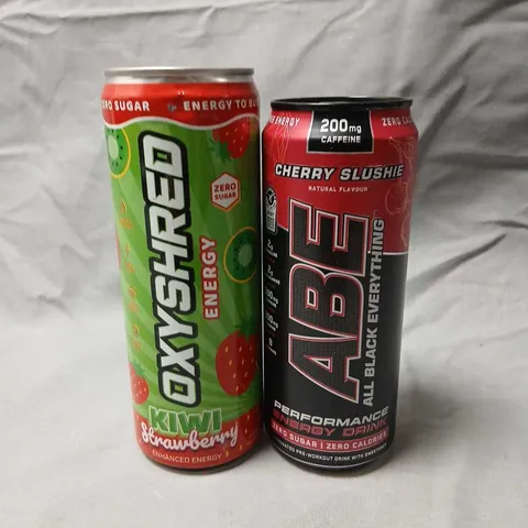 TWELVE CANS OF OXYSHRED ENERGY KIWI AND STRAWBERRY AND TWELVE CANS OF ABE CHERRY SLUSHIE 