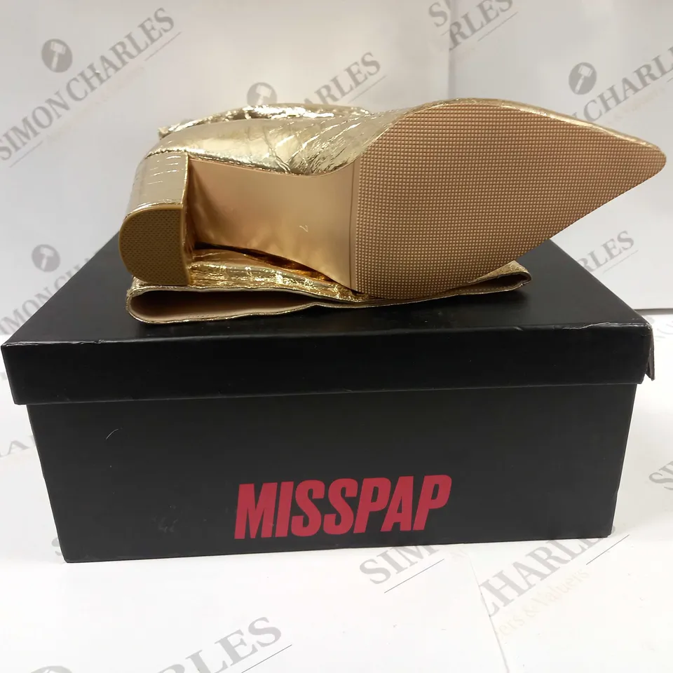 BOXED PAIR OF MISSPAP METALLIC RUCHED CROC KNEE HIGH BOOTS UK SIZE 7