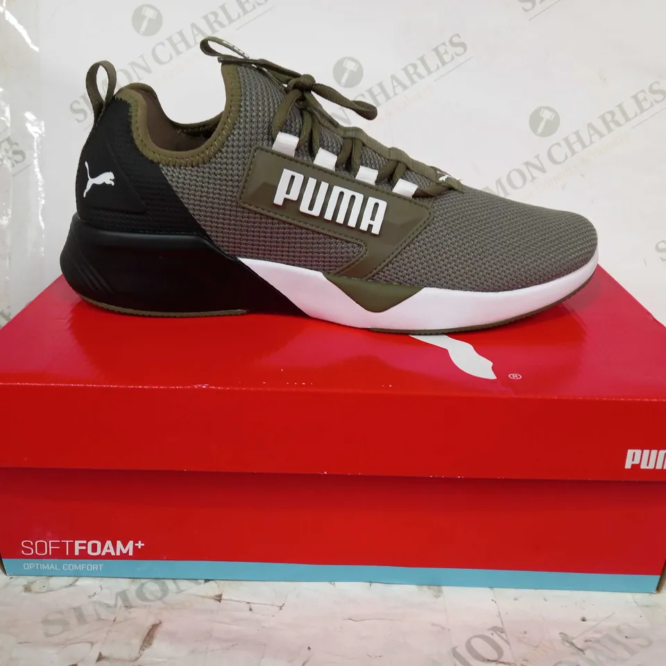 BOXED PAIR OF PUMA RETALIATE TRAINERS IN GREEN UK SIZE 10