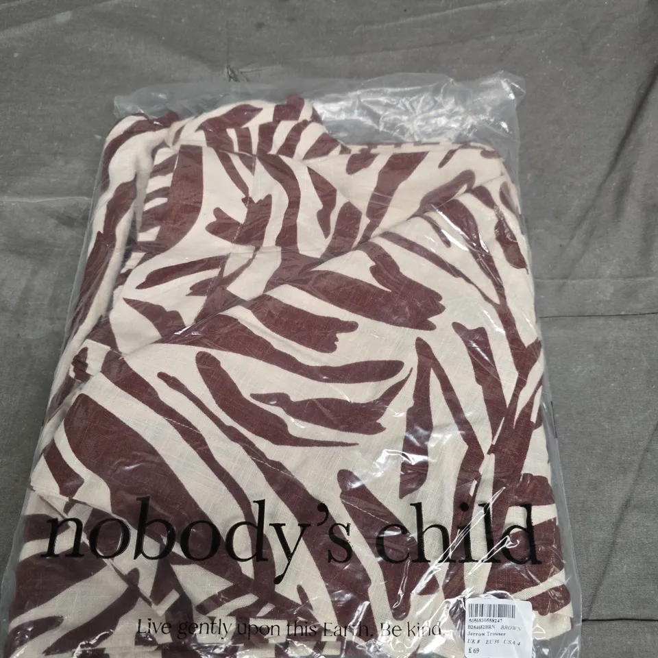 NOBODY'S CHILD JERROW TROUSER – ZEBRA PRINT, BROWN ON CREAM, UK 8 