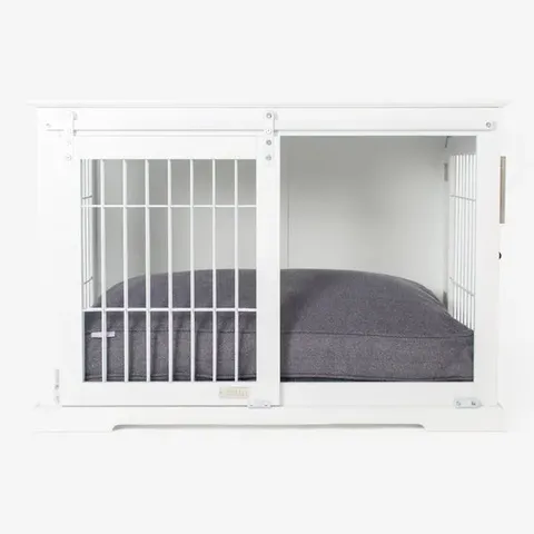 BOXED WOODEN SLIDING DOOR DOG CRATE IN WHITE BY LORDS & LABRADORS