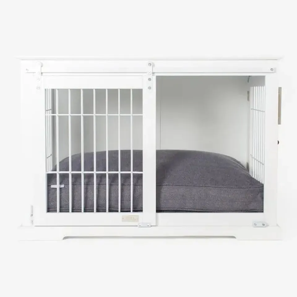 BOXED WOODEN SLIDING DOOR DOG CRATE IN WHITE BY LORDS & LABRADORS