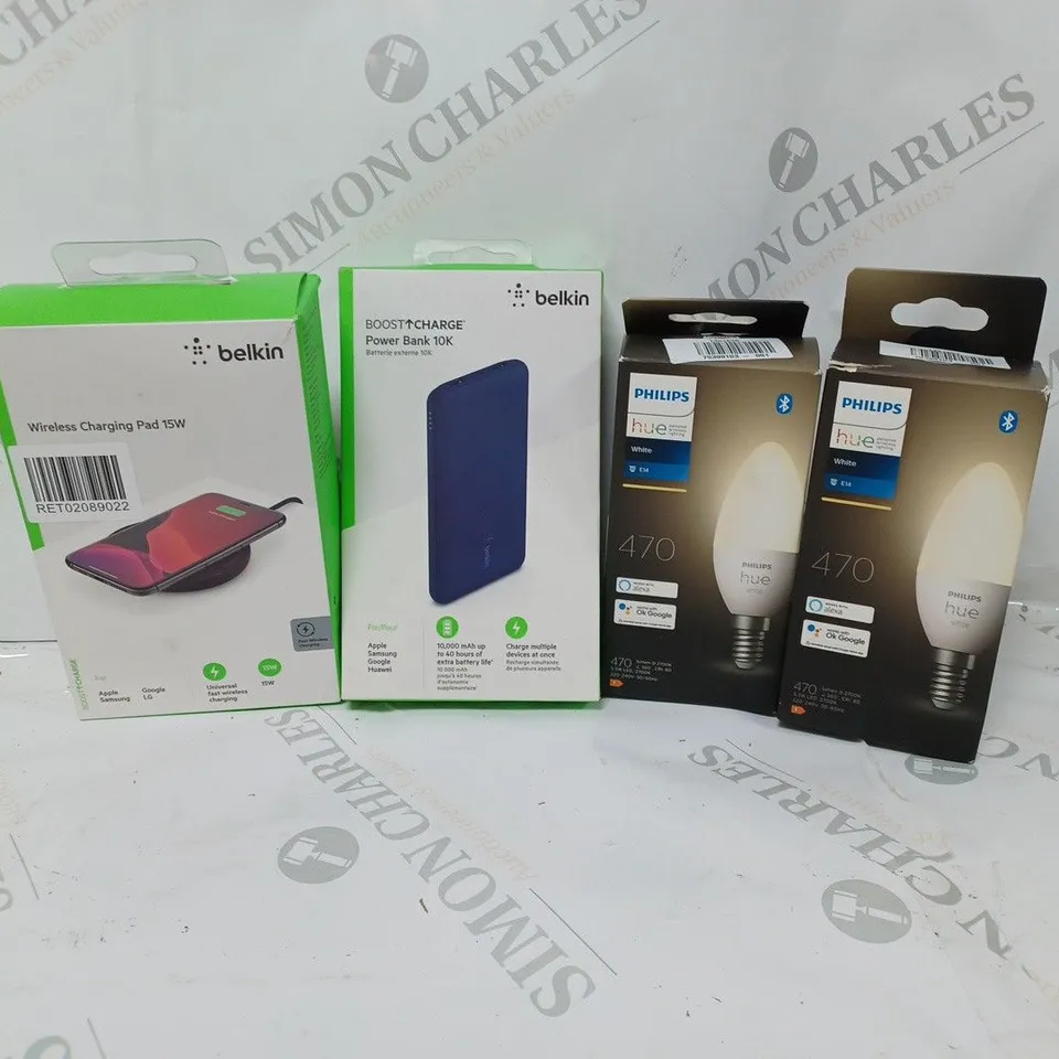 4 ASSORTED ITEMS TO INCLUDE BELKIN BOOST CHARGE POWER BANK, BELKIN WIRELESS CHARGING PAD, AND PHILIPS HUE WHITE 470 E14 BULBS
