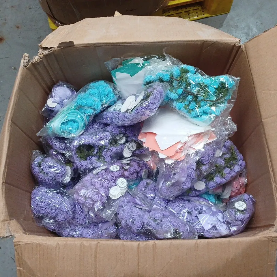 LARGE BOX OF ASSORTED WEDDING FAVORS, RIBBONS AND FLOWER