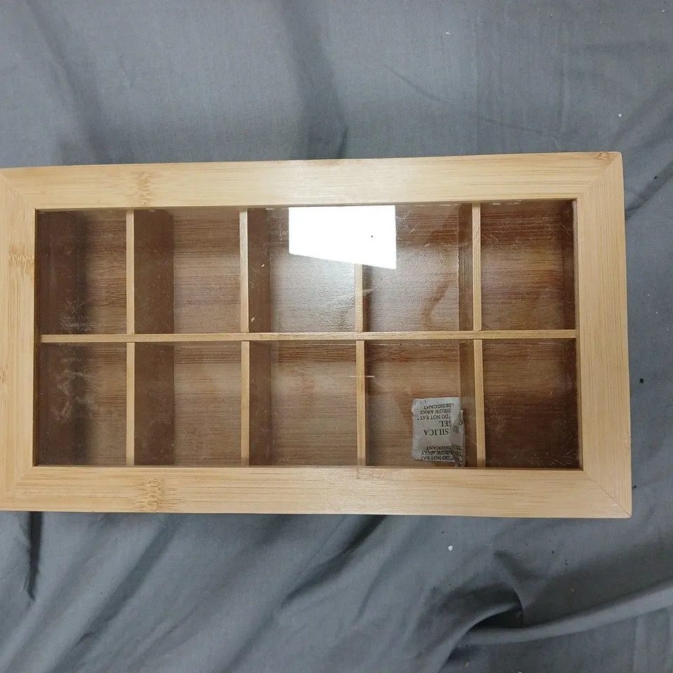 BOXED WOODEN DISPLAY CABINET WITH GLASS FRONT, 12 COMPARTMENTS