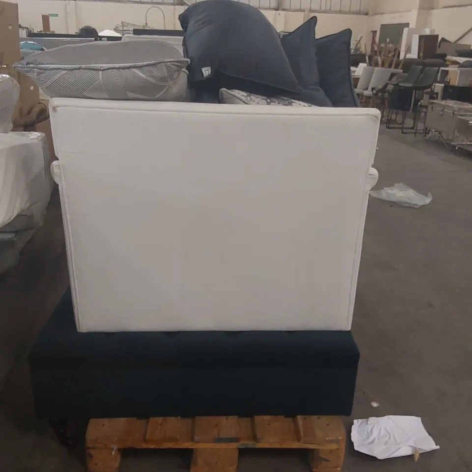 PALLET OF ASSORTED FURNITURE PARTS INCLUDING: ARMCHAIR, STORAGE OTTOMAN, CUSHIONS ECT