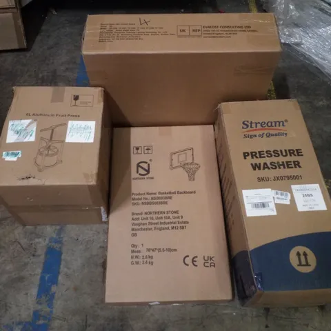 PALLET CONTAINING ASSORTED PRODUCTS INCLUDING 6L ALUMINIUM FRUIT PRESS, BASKETBALL BACKBOARD,  PRESSURE WASHER & LED CONTROL DEVICE
