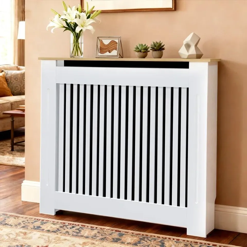 Modern Slatted Vertical White Radiator Cover with Wood Grain Top