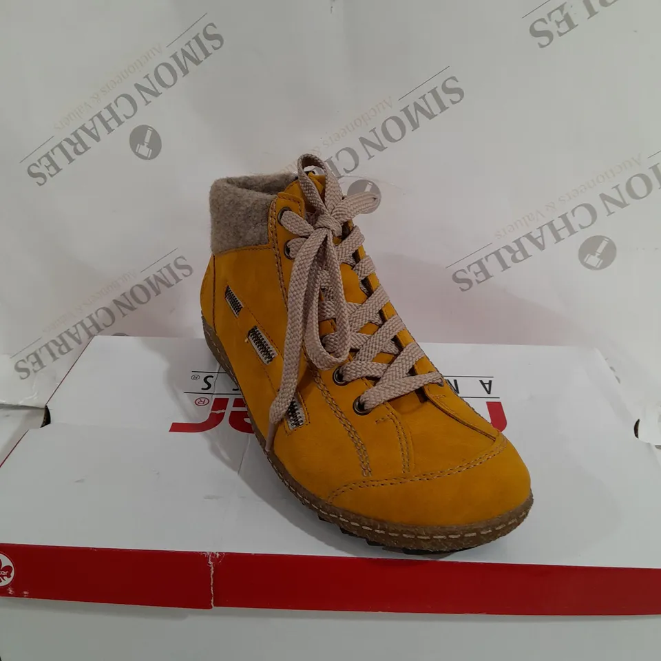 BOXED PAIR OF RIEKER LACE ANKLE BOOTS, YELLOW - SIZE 6