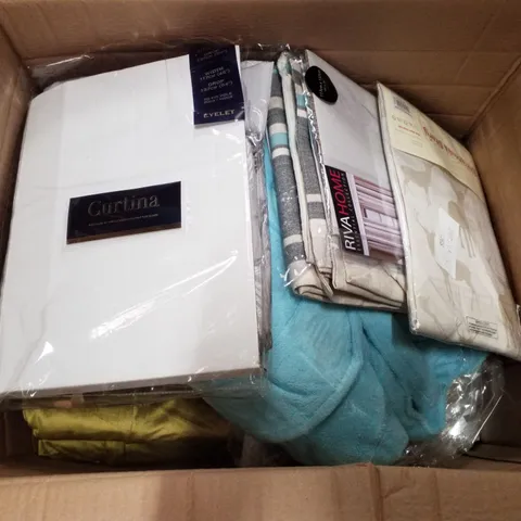 BOX CONTAINING ASSORTED FABRICS INCLUDING CURTAINS, TABLE RUNNER & RUG UNDERLAY 