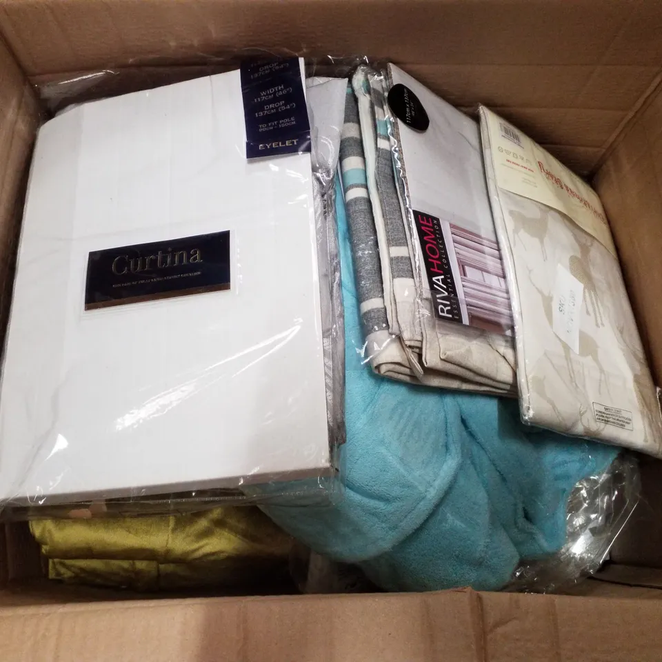 BOX CONTAINING ASSORTED FABRICS INCLUDING CURTAINS, TABLE RUNNER & RUG UNDERLAY 