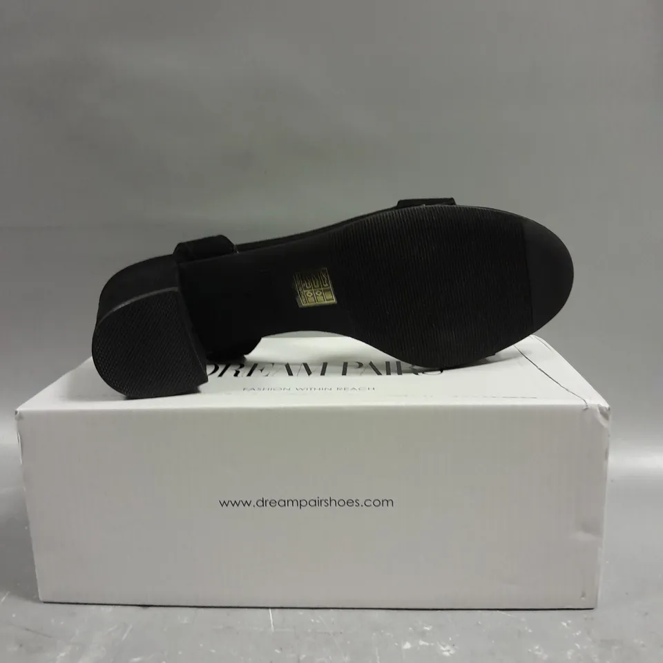 BOXED PAIR OF DREAM PARIS CARNIVAL BLACK SUEDE OPEN TOE SHOES - 9.5