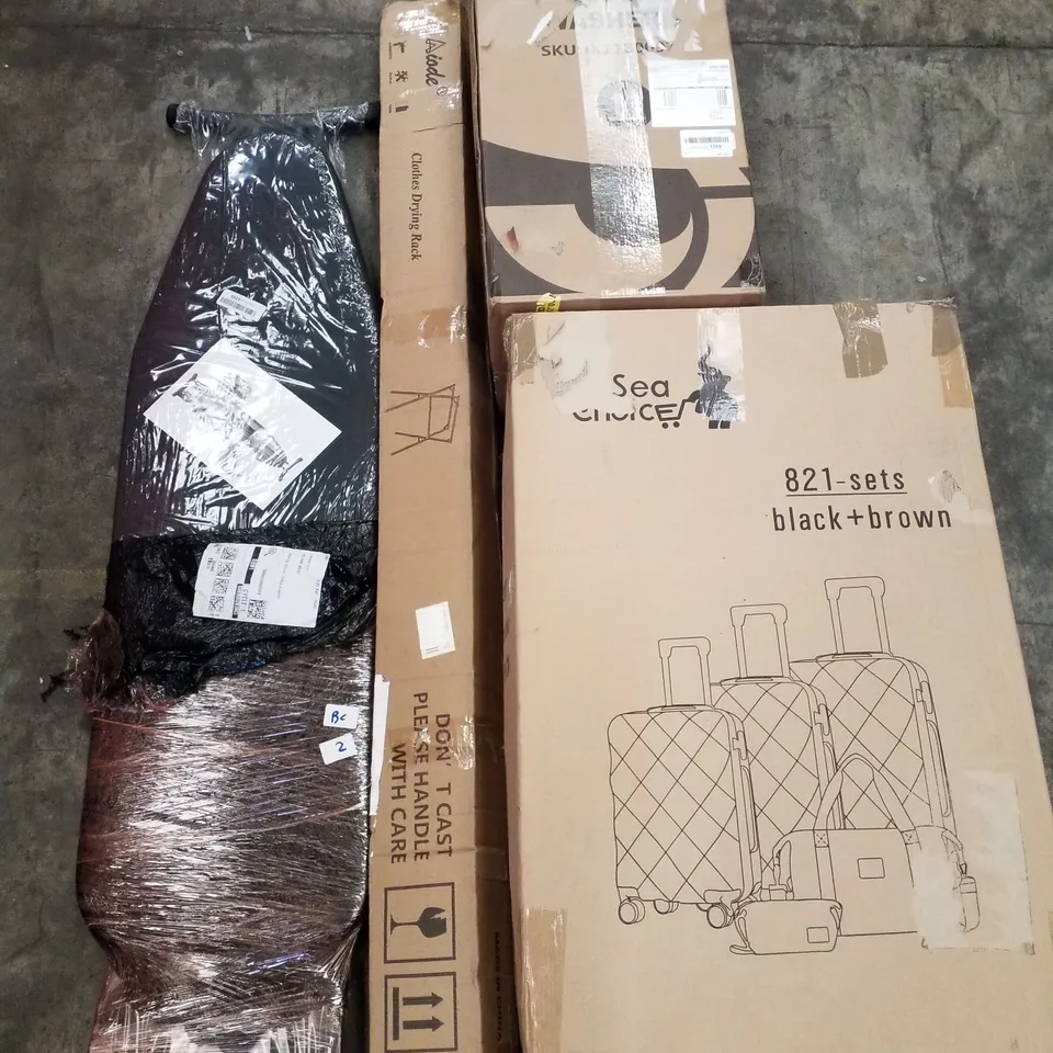 PALLET OF ASSORTED PRODUCTS INCLUDING IRONING BOARD, CLOTHES DRYING RACK, PRESSURE WASHER, SUITCASE, DISTILLER, VACMASTER