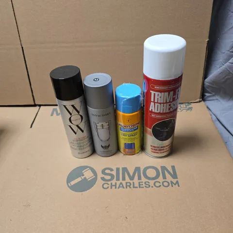 TOTE OF APPROXIMATELY 18 ASSORTED AEROSOL PRODUCTS TO INCLUDE COLOR WOW, INVICTORY BODY SPRAY, TRIM FIX ADHESIVE ETC