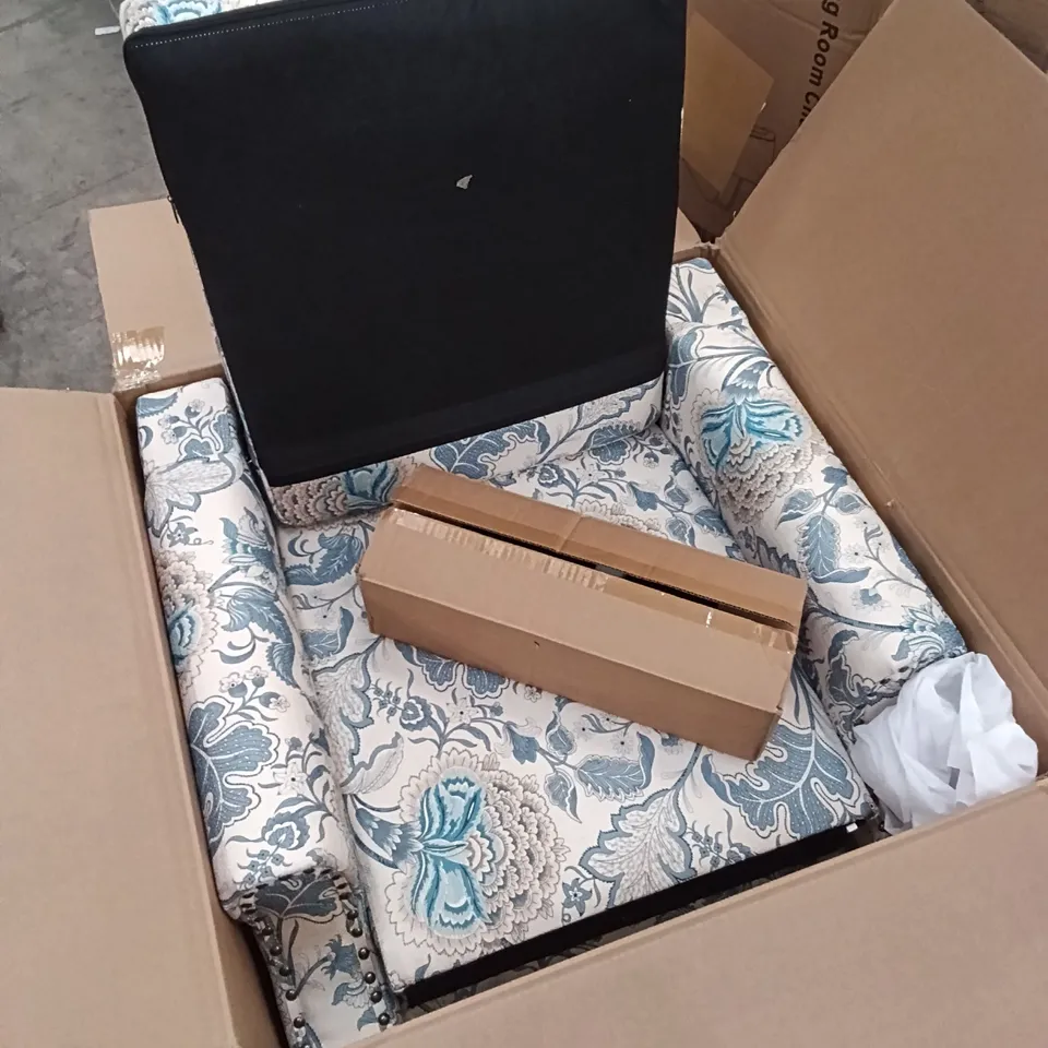 BOXED FLORAL ACCENT CHAIR, HIGH BACK UPHOLSTERED ARMCHAIRS WITH RETRO WINGBACK DESIGN (1 BOX)