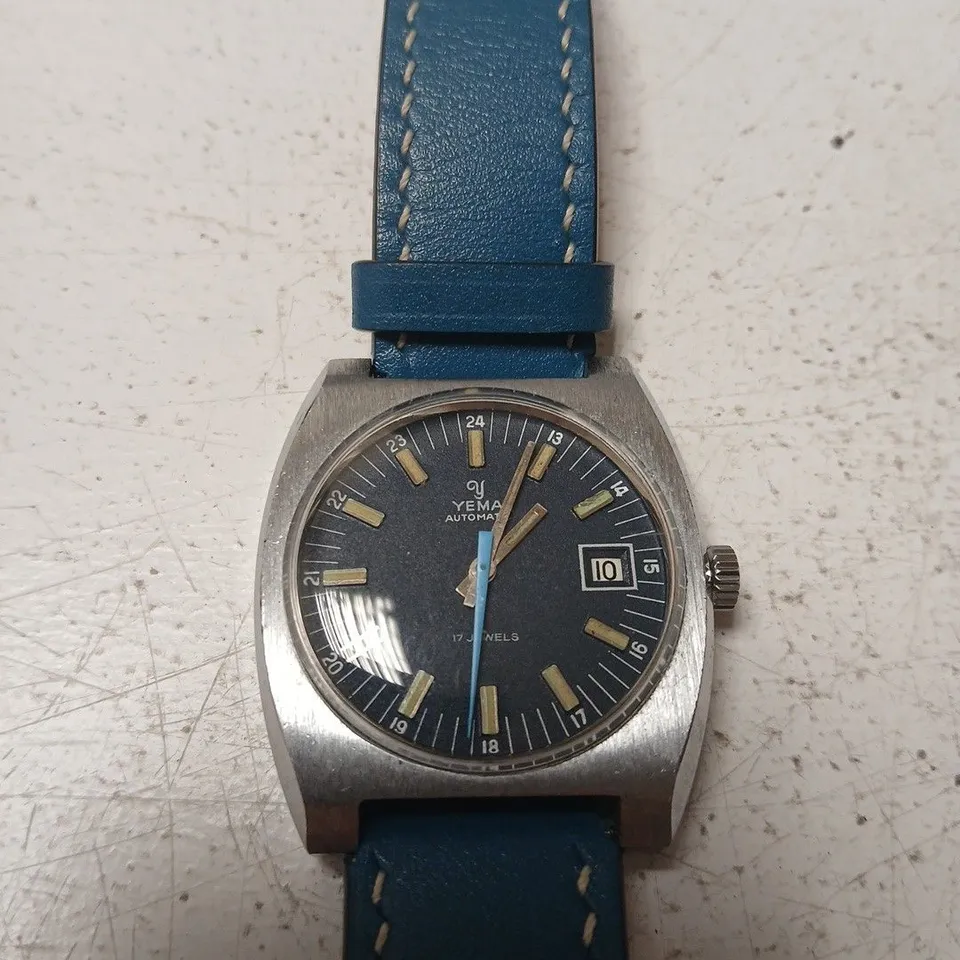 YEMA AUTOMATIC WRISTWATCH – 17 JEWELS, BLUE LEATHER STRAP