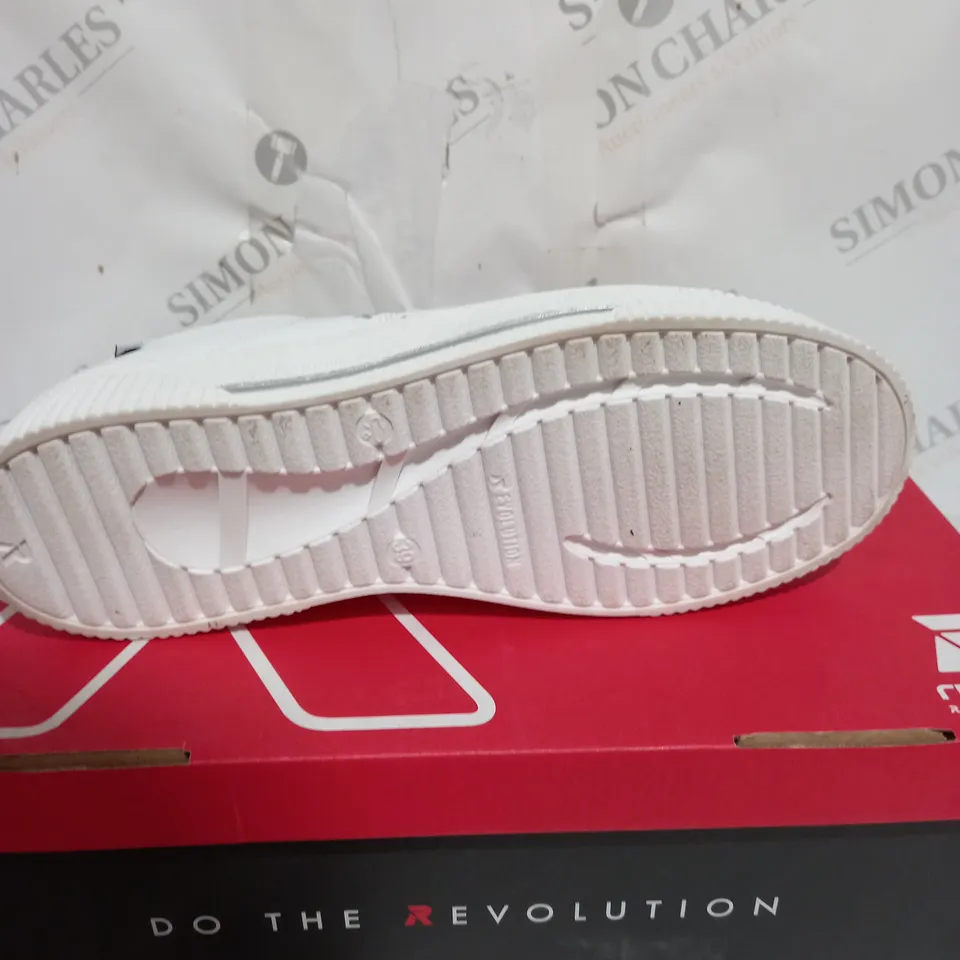 BOXED PAIR OF RIEKER WHITE TRAINER SIZE 6