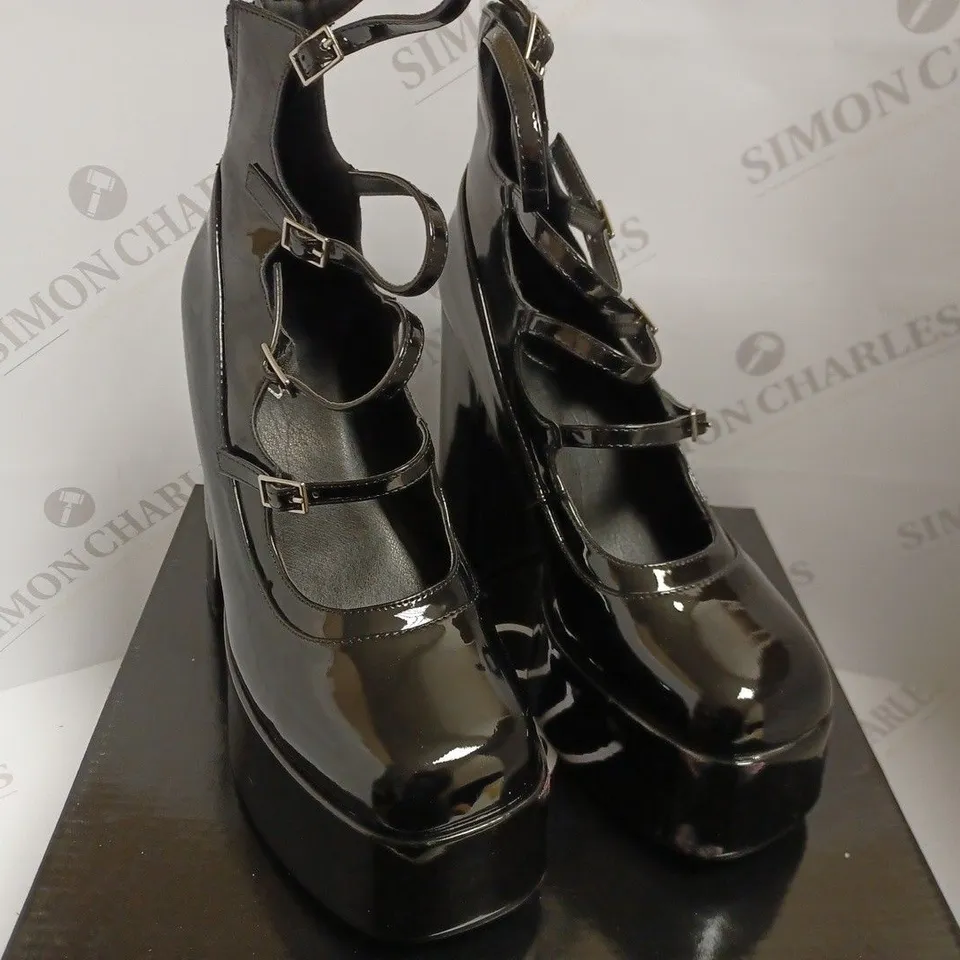 KOI VEGAN GURREN STRAPPY BLACK PATENT PLATFORM HEELS - SIZE 6