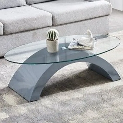 BRAND NEW BOXED OPEL GLASS COFFEE TABLE OVAL IN CLEAR AND GLOSSY CAPRICE GREY FINISH (2 BOXES)