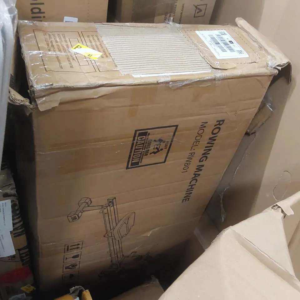 PALLET OF ASSORTED ITEMS TO INCLUDE: ROWING MACHINE, FOLDING EXERCISE BIKES, PORTABLE AIR CONDITIONER, LOGITECH G29 RACING WHEEL, BAMBOO CLOTHING RACK, DUMBELL RACK ECT