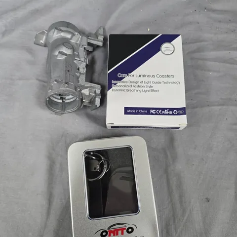 BOX OF ASSORTED ITEMS TO INCLUDE - KEY BARREL - KEY RING - BOLTS AND TOOLS  