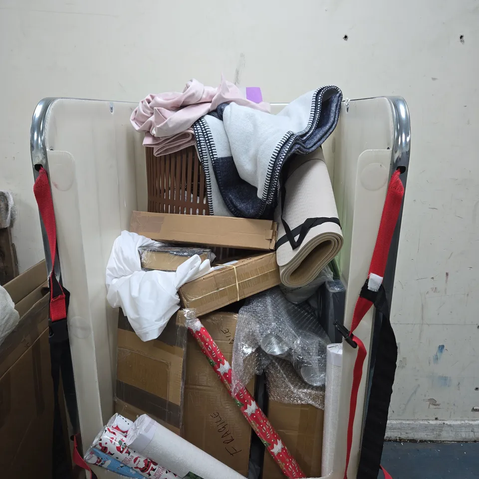 CAGE OF APPROXIMATELY 15 ASSORTED HOUSEHOLD ITEMS TO INCLUDE LAUNDRY BASKET, WRAPPING PAPER ETC