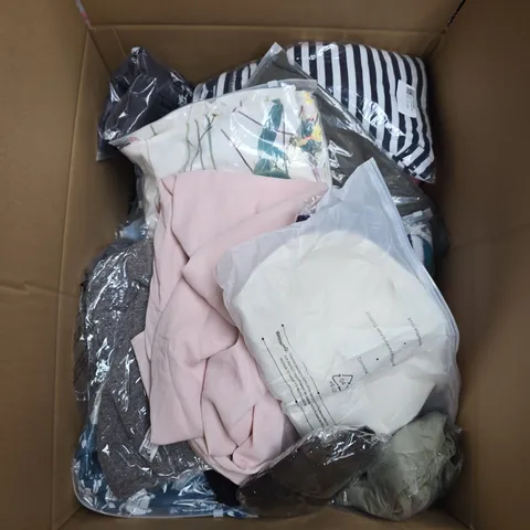 LARGE BOX OF APPROXIMATELY 20 ASSORTED CLOTHING ITEMS IN VARIOUS SIZES, STYLES AND COLOUR