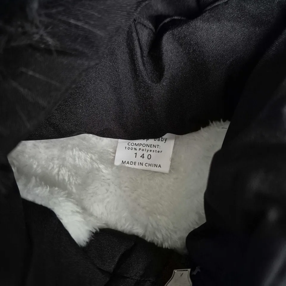 Kids' Black Puffer Coat with Faux Fur Hood – Size 140