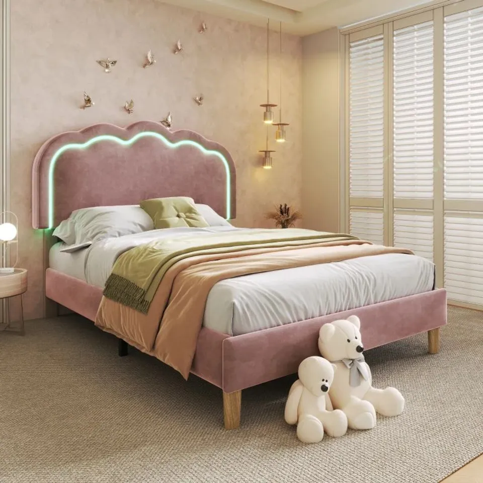 BOXED UPHOLSTERED SINGLE BED WITH LED ADJUSTABLE HEADBOARD, EFFICIENT ASSEMBLY, VELVET BED FRAME WITH WOODEN SLATS, 197L X 101W X 109H CM, PINK