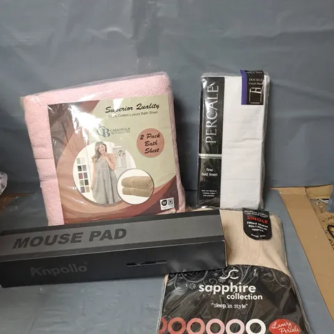 APPROXIMATELY 20 ASSORTED HOUSEHOLD ITEMS TO INCLUDE MOUSE PAD, CASABLANCA BATH SHEET, DOUBLE FITTED SHEET, ETC - COLLECTION ONLY