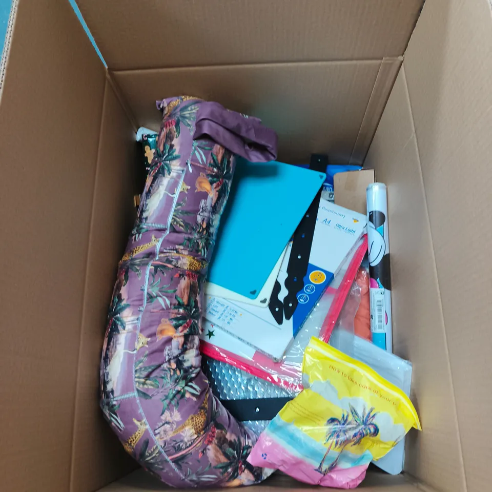 BOX OF APPROXIMATELY 20 ASSORTED HOUSEHOLD ITEMS INCLUDING CONTI CLEANSING DRY WIPES , PLASTIC CHOPPING BOARDS AND DOG TOY 