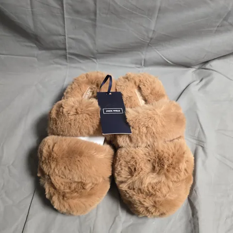 JACK WILLS FLUFFY STRAP SLIPPERS – CAMEL – UK SIZE L 7-8