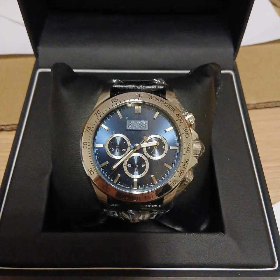 HUGO BOSS CHRONOGRAPH WATCH – BLUE DIAL, GOLD-TONE BEZEL, LEATHER STRAP