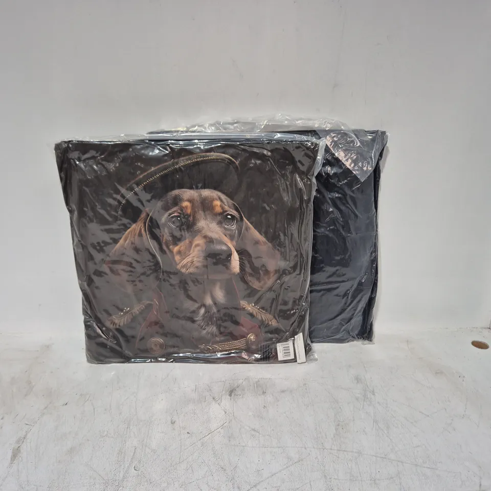 LOT OF 16 AS NEW TOP DOG DASCHHUND THEMED FILLED CUSHIONS - 45X45CM