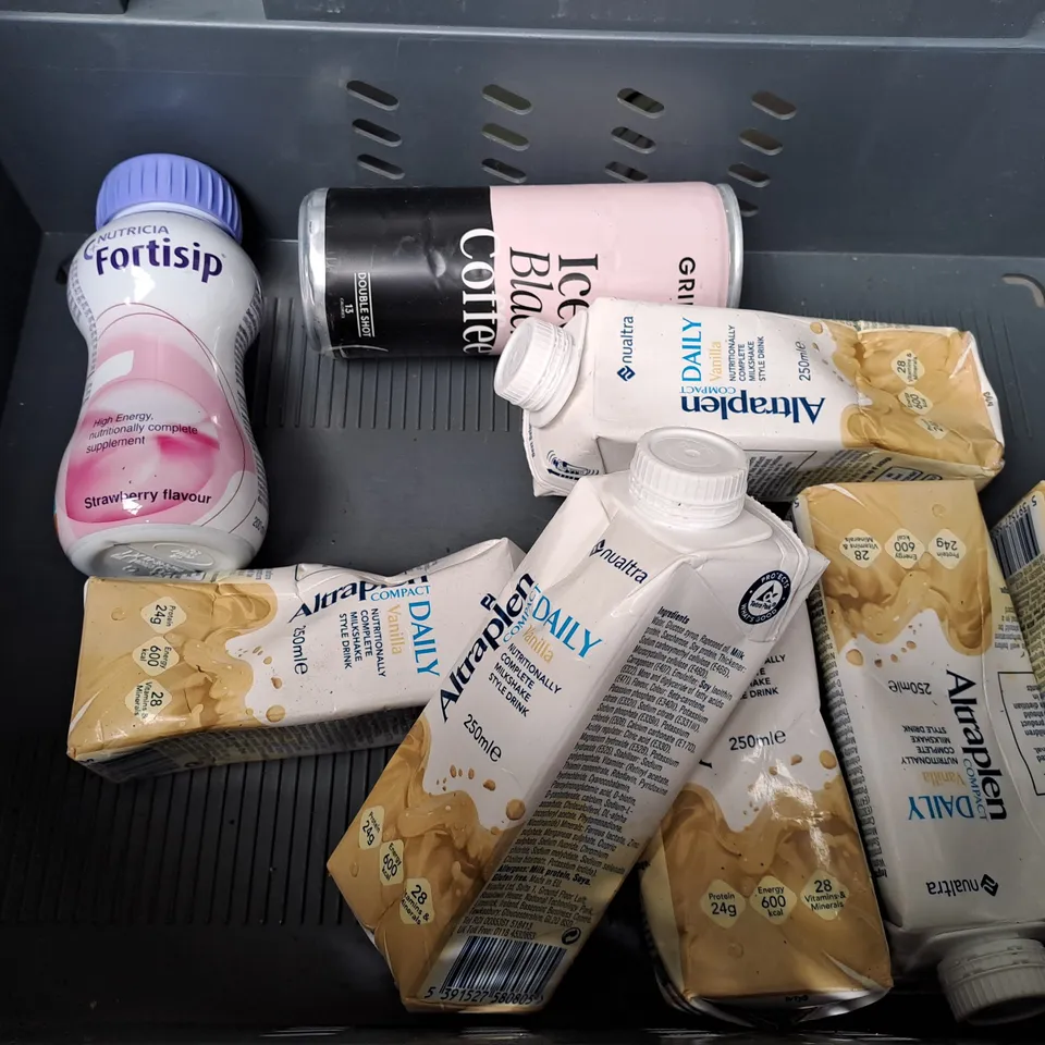 TOTE OF APPROX 14 ASSORTED FOOD ITEMS TO INCLUDE - GRIND ICED BLACK COFFEE , SUN WARRIOR PROTEIN WARRIOR BLEND , NESCAFE DOLCE GUSTO FLAT WHITE ETC