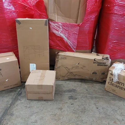 PALLET OF ASSORTED ITEMS INCLUDING: DESK WORKSTATION, DESK WITH STORAGE, BARSTOOL, STEAM CLEANER, FOOD PROCESSOR