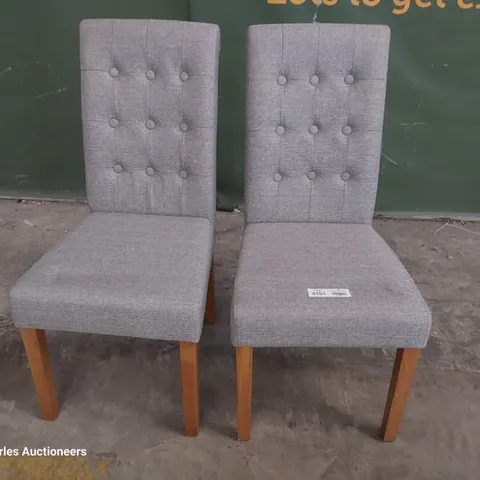 PAIR OF UPHOLSTERED BUTTONED BACK DINING CHAIRS GREY FABRIC ON NATURAL WOOD LEGS 