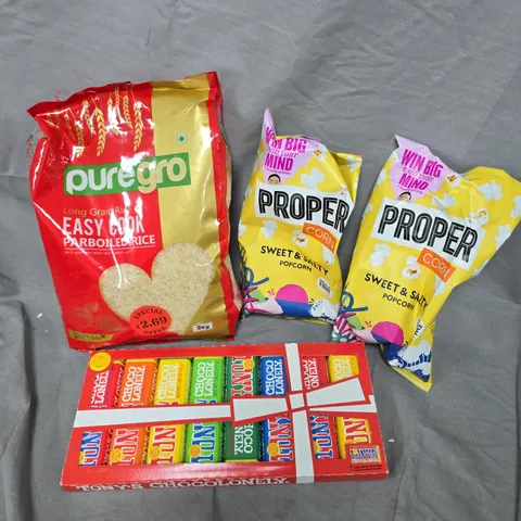 APPROXIMATELY 10 ASSORTED FOOD/DRINK PRODUCTS TO INCLUDE TONYS CHOCOLATES, PROPER CORN, PUREGRO RICE ETC 