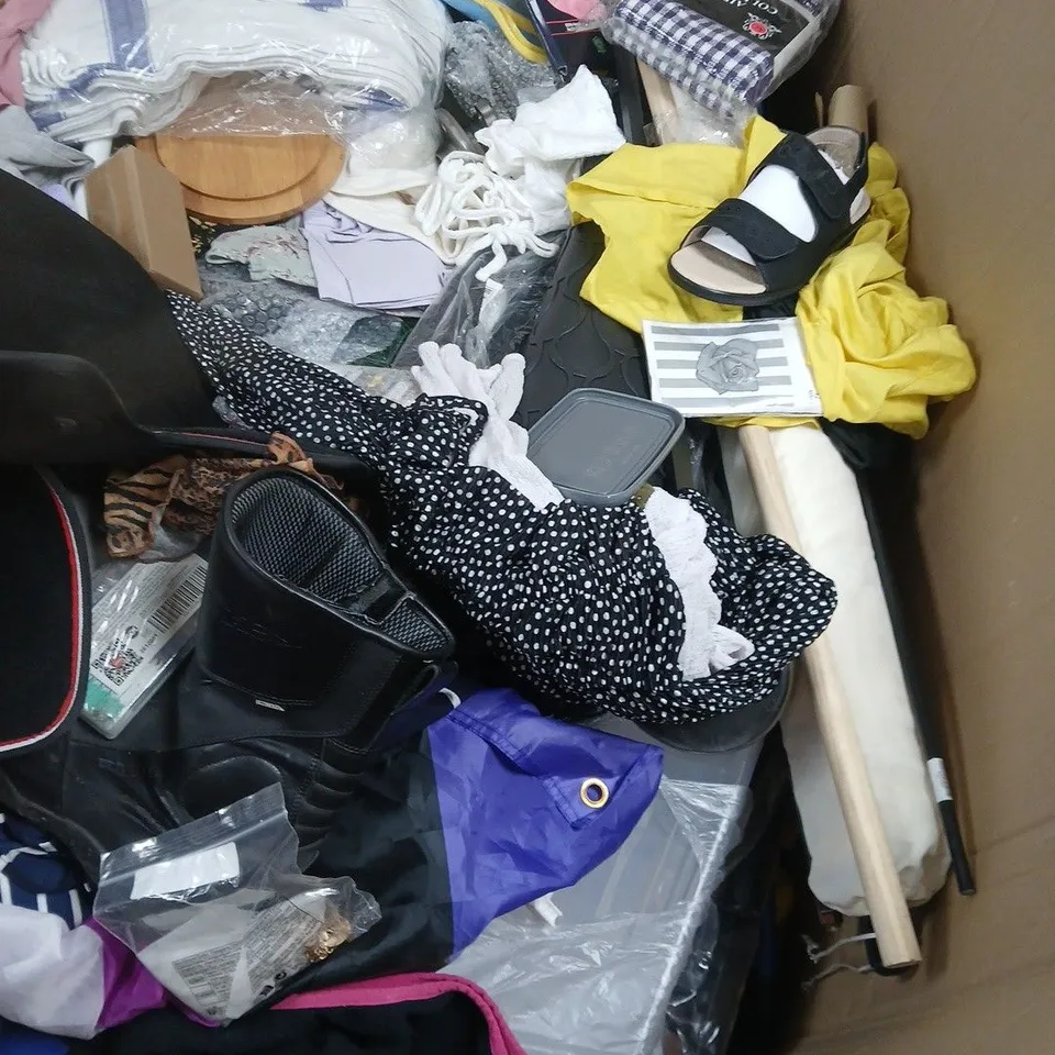 PALLET OF MIXED PRODUCTS INCLUDING METAL PARTS, CLOTHING, UMBRELLA ETC.
