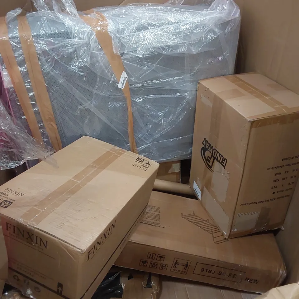 PALLET OF ASSORTED HOUSEHOLD ITEMS AND CONSUMER PRODUCTS TO INCLUDE; AIR COOLERS, BED FRAME, BOXED FURNITURE ETC 