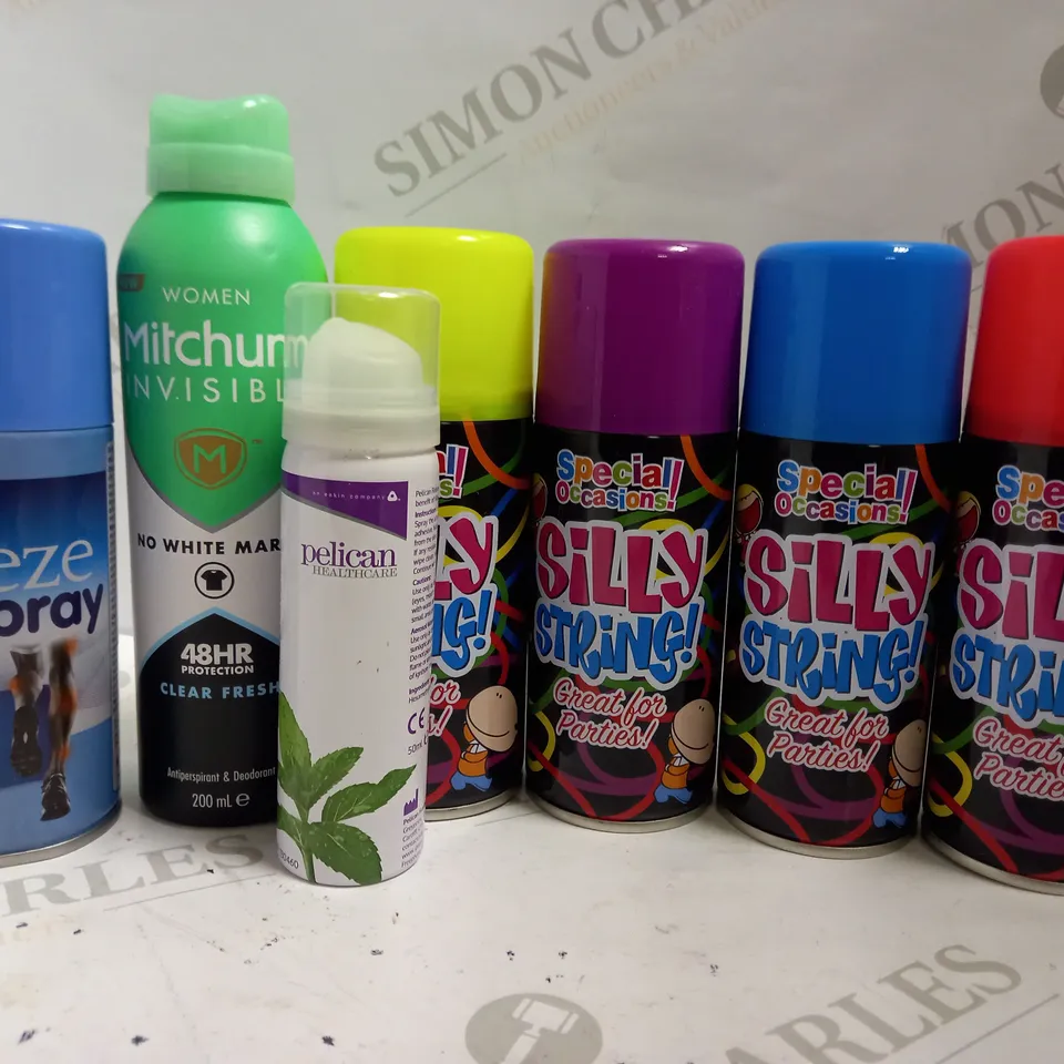 BOX OF APPROX 10 ASSORTED AEROSOLS INCLUDING SILLY STRING, FREEZE SPRAY AND MITCHUM DEODORANT - COLLECTION ONLY