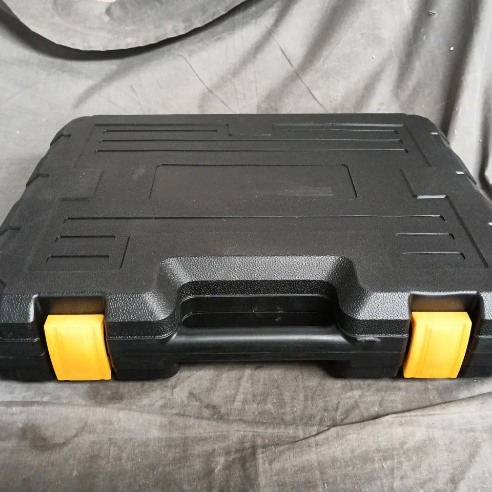 HAND TOOL KIT IN BLACK AND YELLOW CASE WITH SOCKETS, WRENCHES, PLIERS AND SCREWDRIVERS