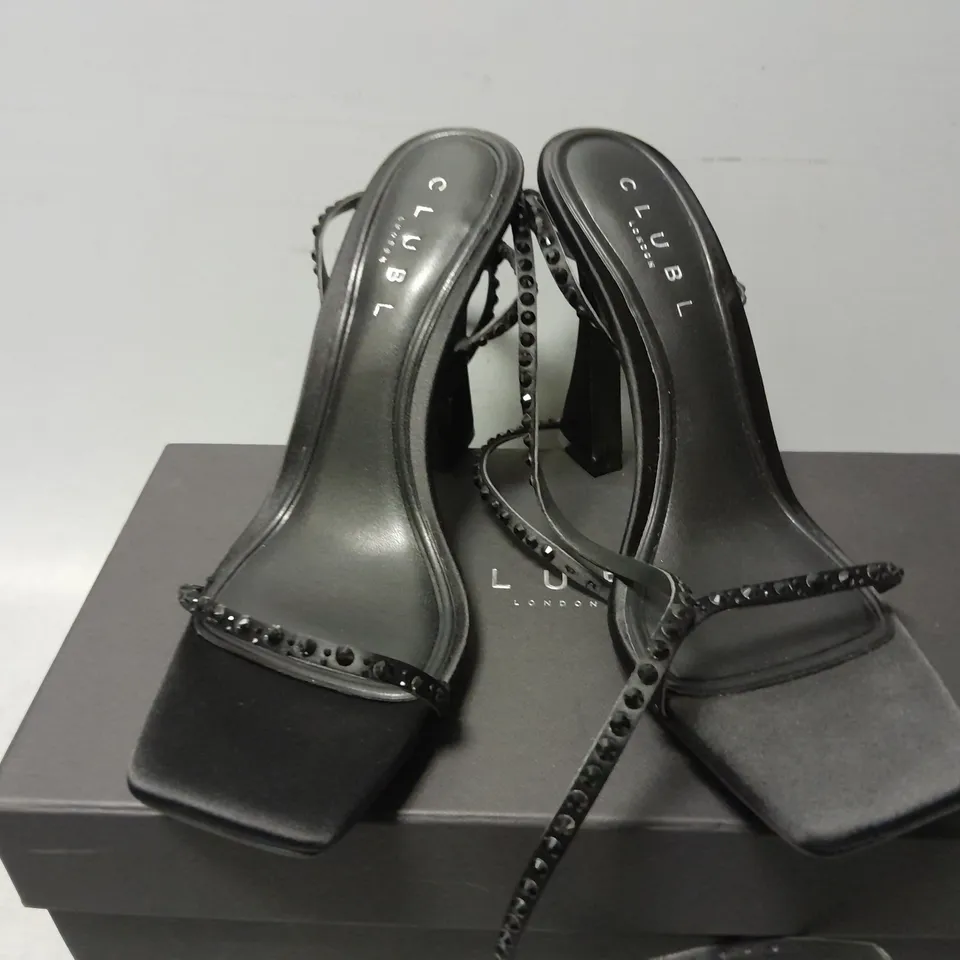 BOXED PAIR OF CLUB L NOSTALGIA BLACK SATIN HEELED SANDALS WITH DIAMANTE STRAPS IN BLACK - UK 6