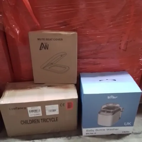 PALLET OF ASSORTED HOUSEHOLD GOODS AND PRODUCTS TO INCLUDE;BOTTLE WASHER,TOILET SEAT COVER,CHILDREN'S TRICYCLE
