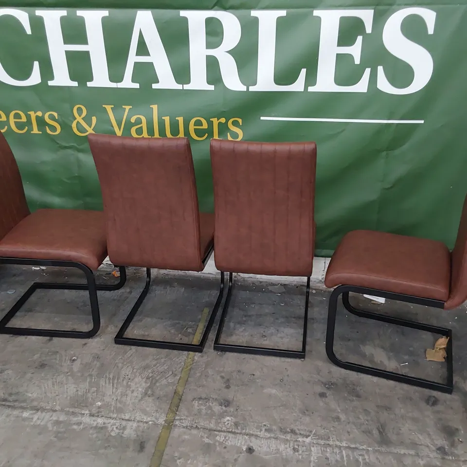 SET OF FOUR UPHOLSTERED DINING CHAIRS BROWN PU ON BLACK METAL FRAME