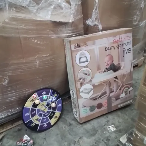PALLET OF ASSORTED HOUSEHOLD GOODS AND PRODUCTS TO INCLUDE;BABY HIGH CHAIR,DARTBOARD,F1 LEGO 