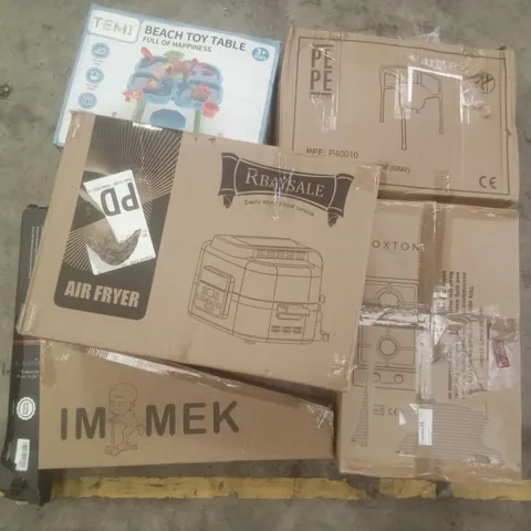 PALLET OF ASSORTED ITEMS INCLUDING BEACH TOY TABLE, IMMEK SCOOTER, RBAYSALE AIR FRYER, PEPE BEDSIDE COMMODE, NOXTON GAS COOKER, LARSIC ELECTRIC TOP COVER