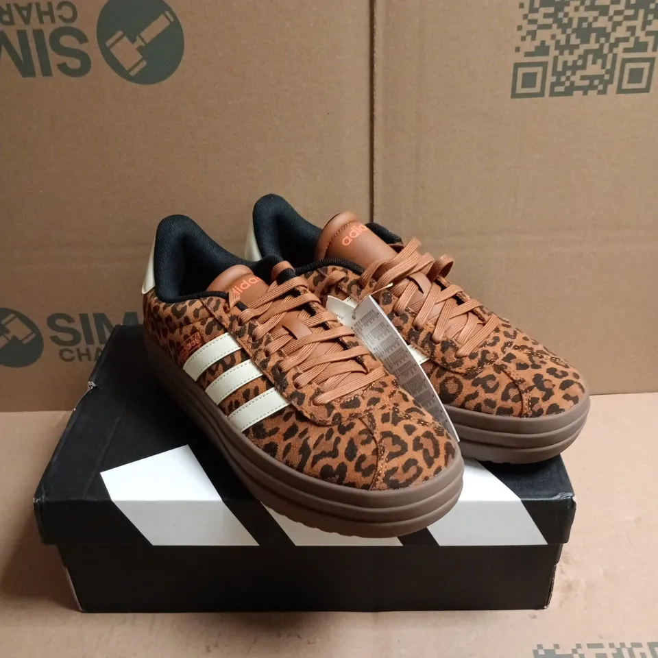 BOXED PAIR OF ADIDAS WOMENS VL COURT LEOPARD TRAINERS - 6